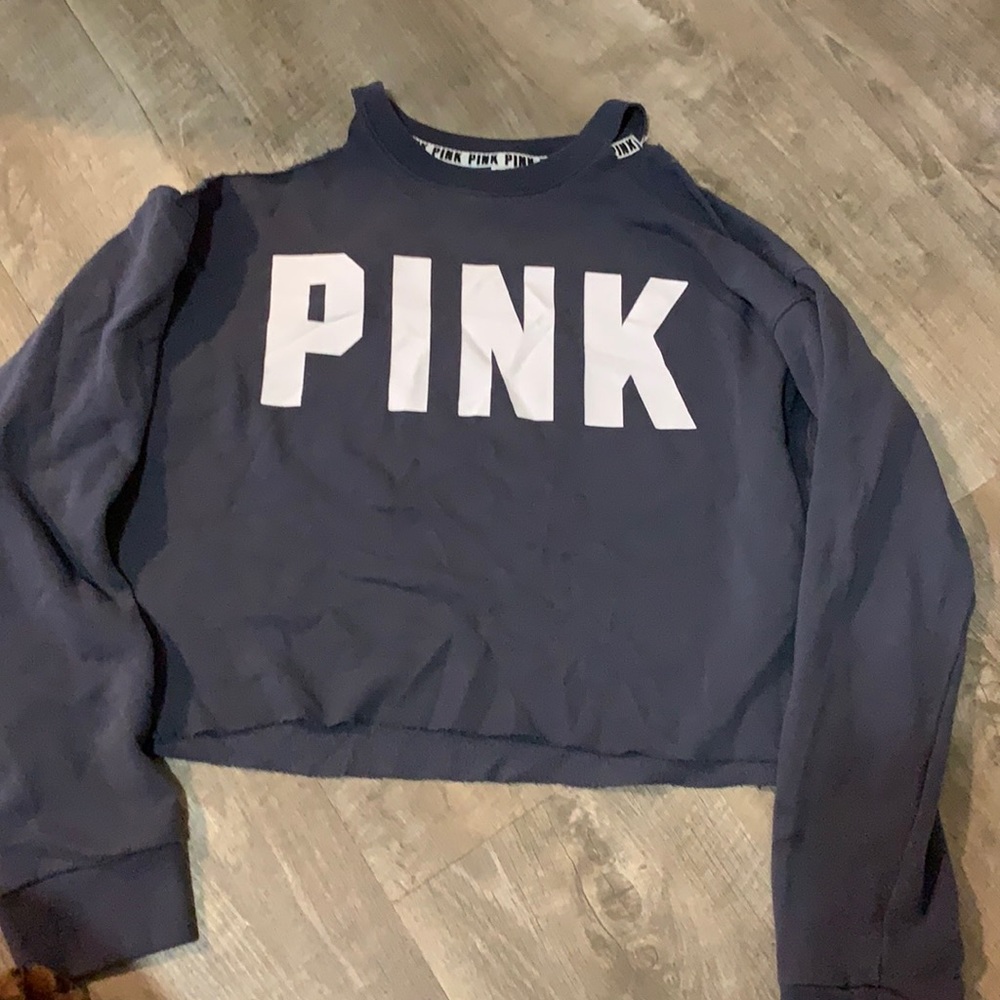 PINK cropped cut out shoulder crew sweater